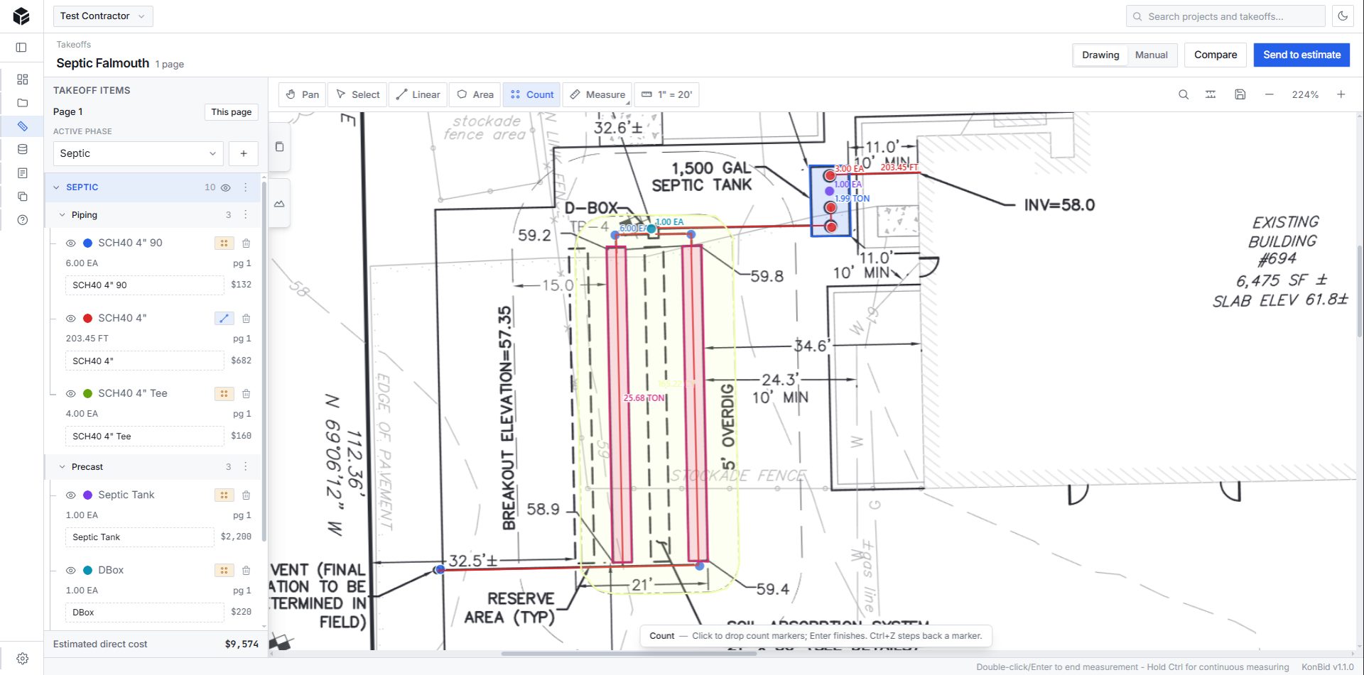 KonBid septic takeoff measuring a 1,500 gallon tank, D-box, piping, and soil absorption system